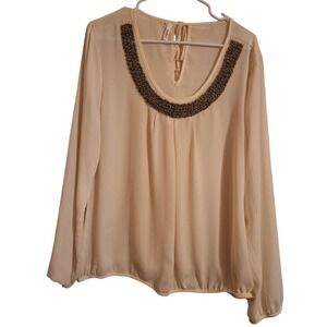 Studio Y Beaded Cream Blouse Longsleeve Sheer Feminine Coquette Wedding Office